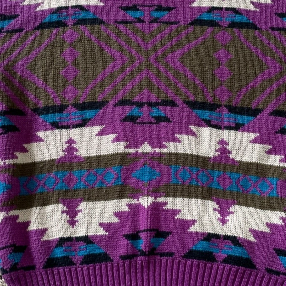 Vintage 1990s Southwestern Geometric Knit Sweater Purple Mens Large Western